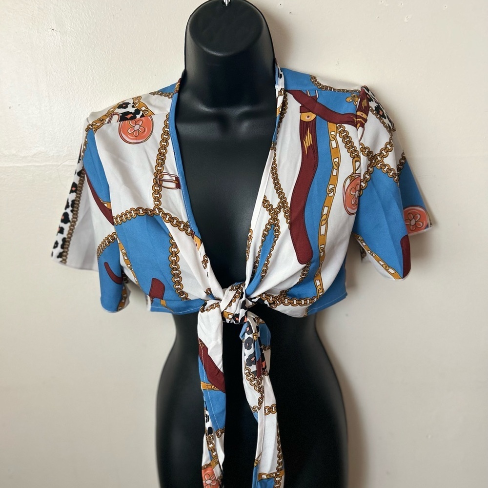 Shein colorblock chain print tie front top - Picture 2 of 4